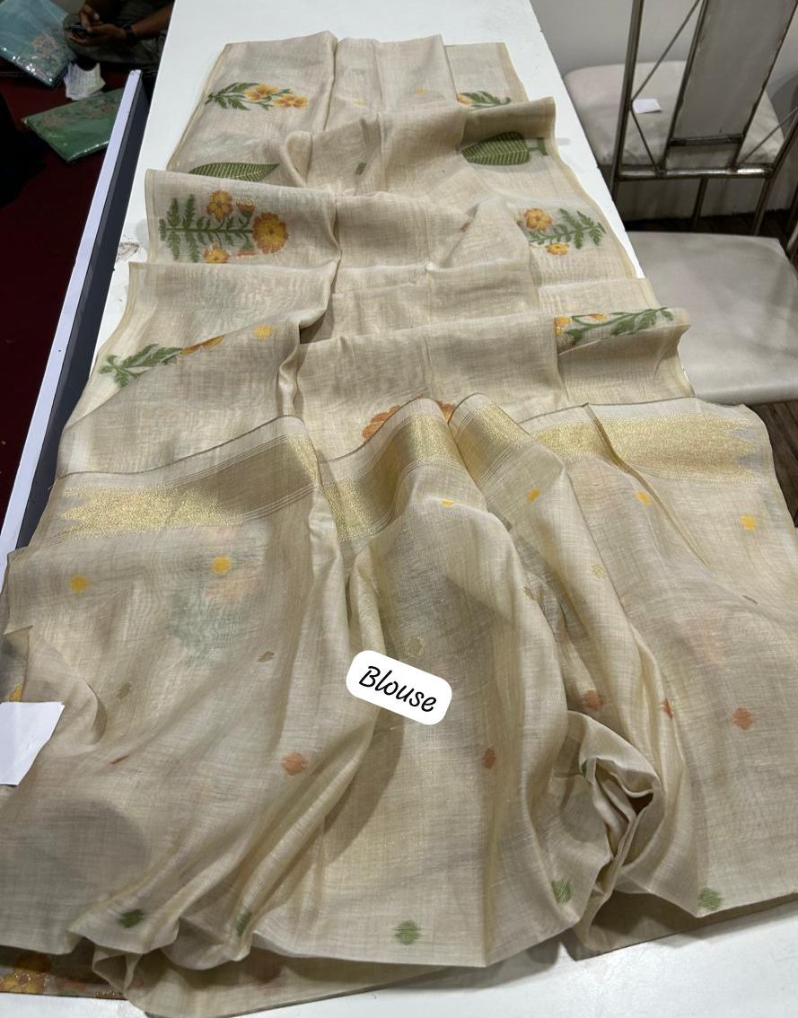 Handwoven Floral Muga Cotton Saree with Jamdani Weaving and Tassels