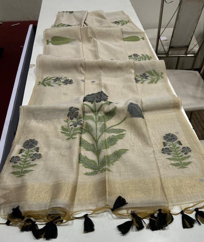 Handwoven Floral Muga Cotton Saree with Jamdani Weaving and Tassels