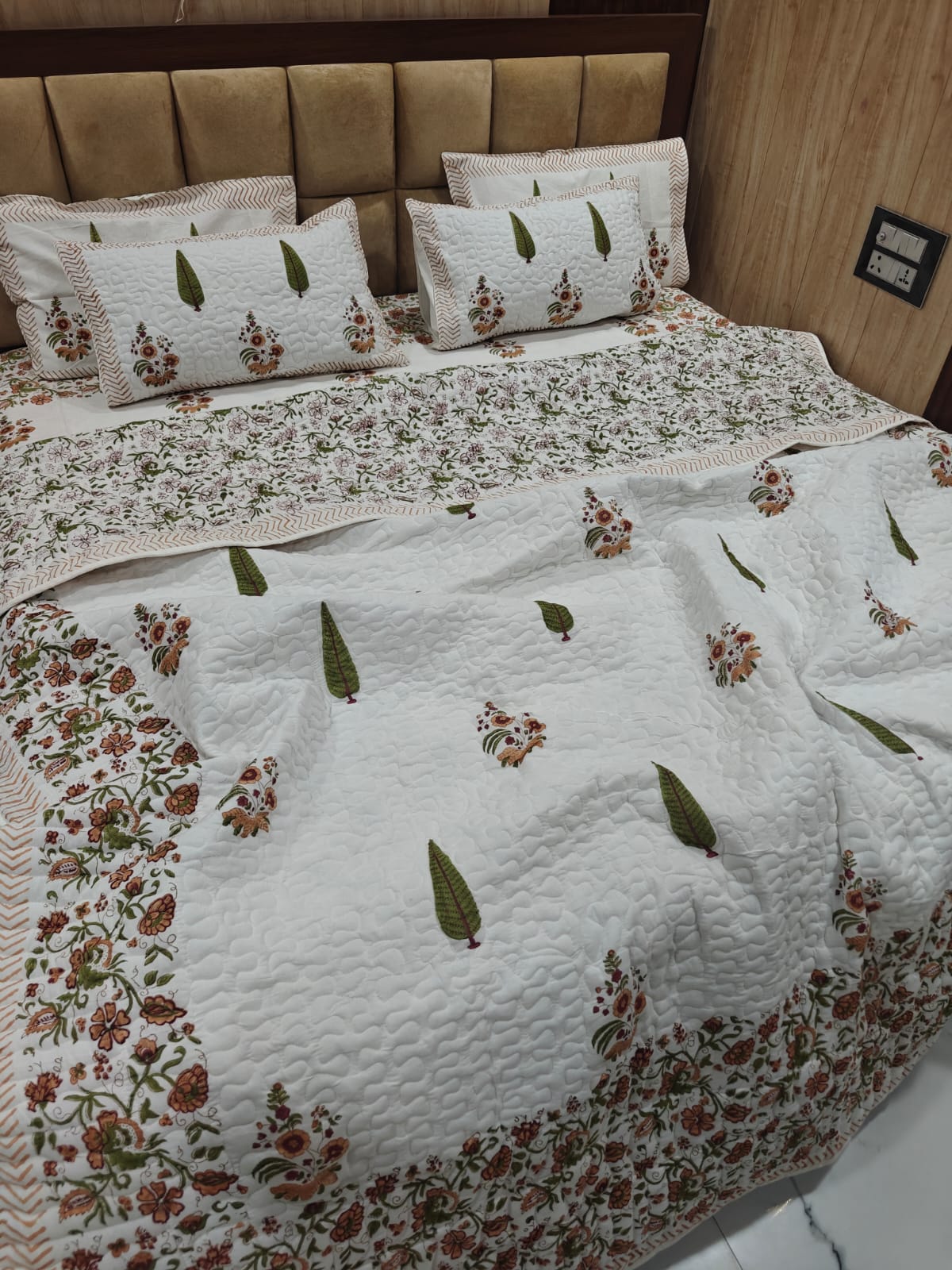 Handblock King Size Quilted Comforter Set | 6 Piece Cotton Bedding