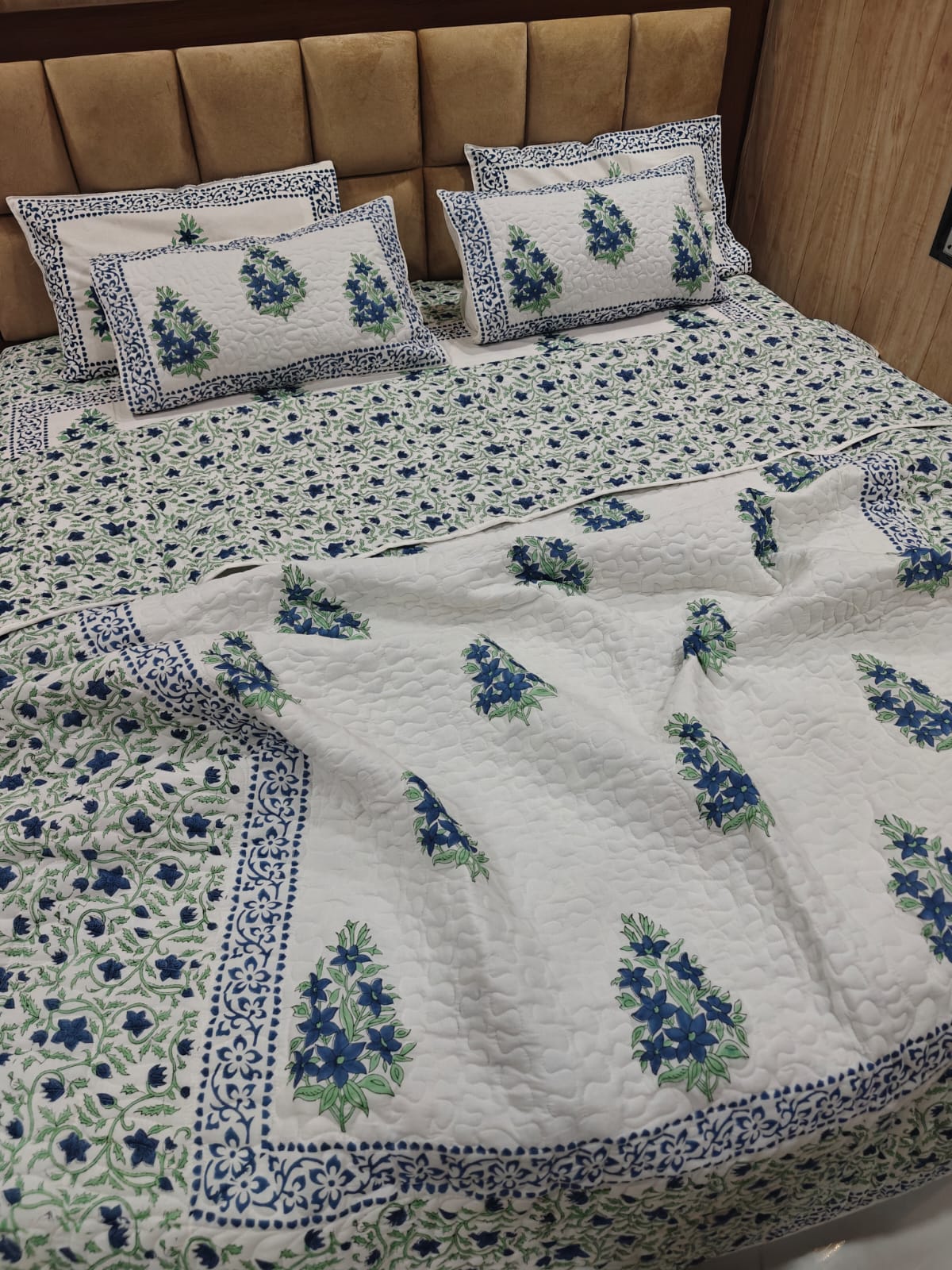 Handblock King Size Quilted Comforter Set | 6 Piece Cotton Bedding