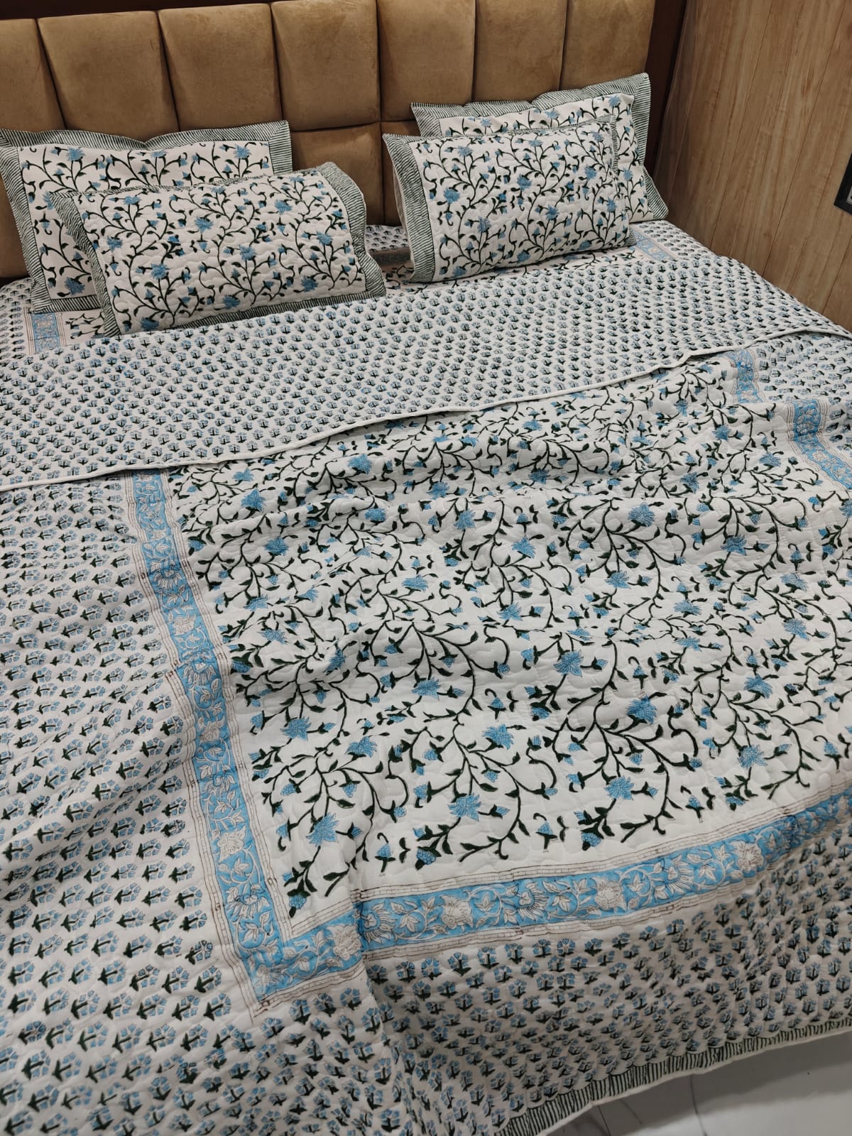 Handblock King Size Quilted Comforter Set | 6 Piece Cotton Bedding