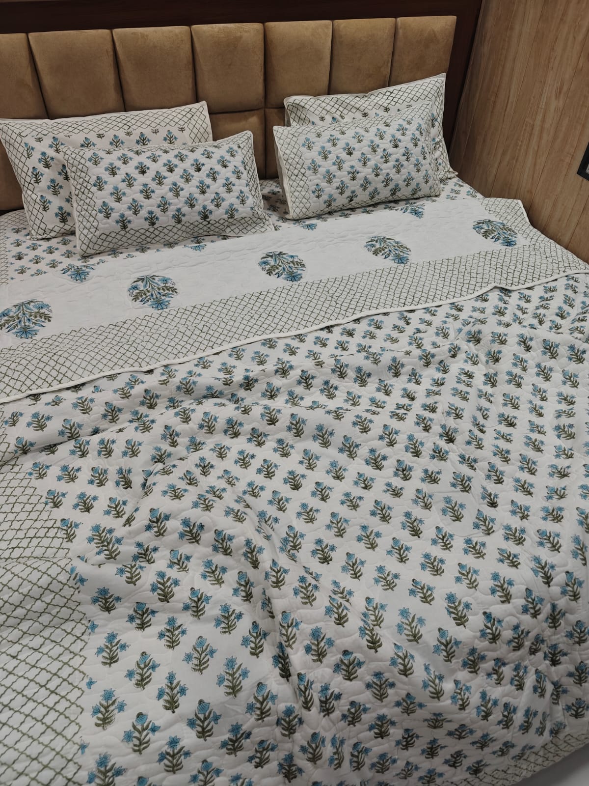 Handblock King Size Quilted Comforter Set | 6 Piece Cotton Bedding