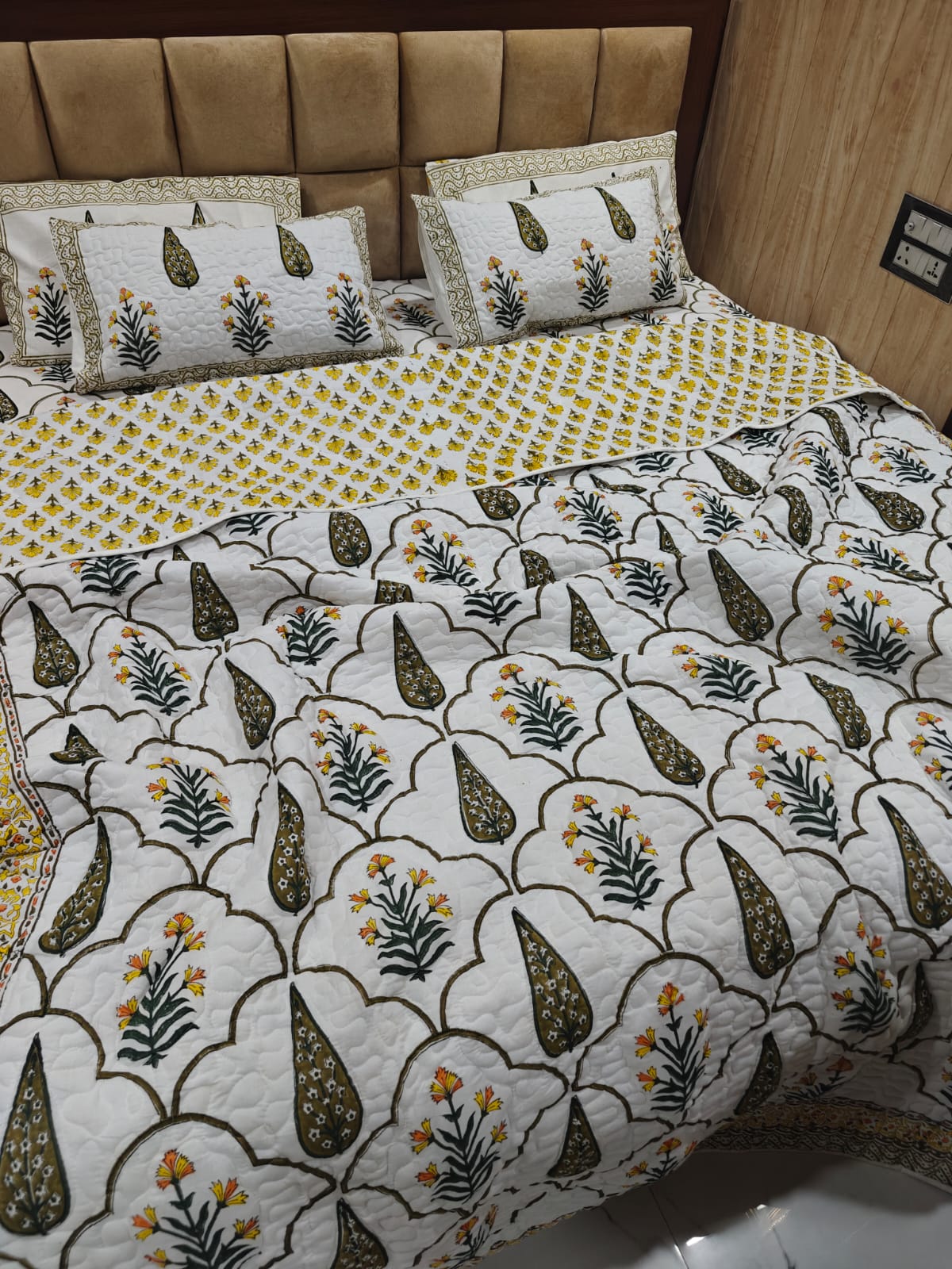 Handblock King Size Quilted Comforter Set | 6 Piece Cotton Bedding