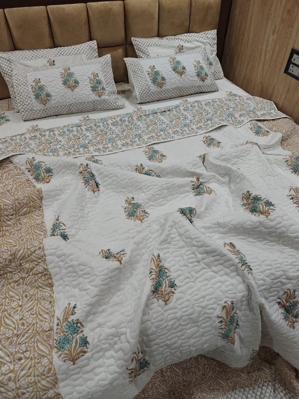 Handblock King Size Quilted Comforter Set | 6 Piece Cotton Bedding