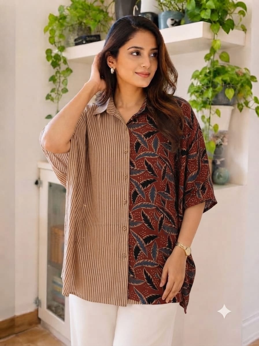 Half & Half Cotton Ajrakh & Stripe Print Shirt
