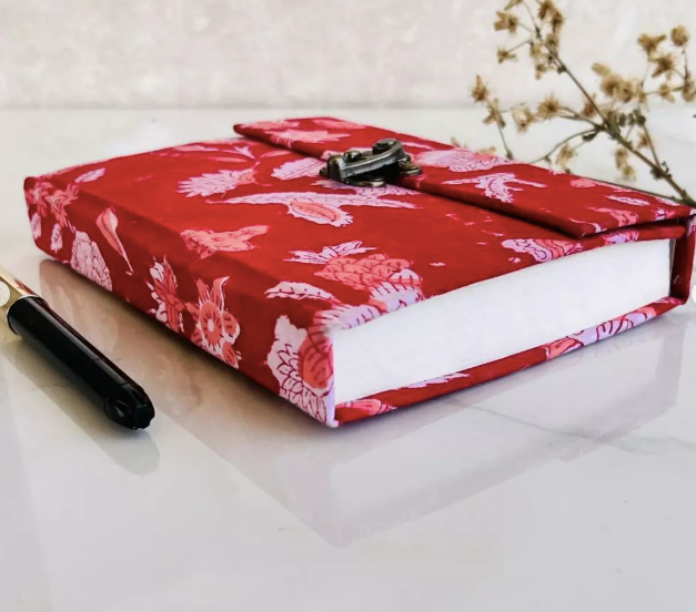 Red Handblock Print Fabric Journal with Brass Lock