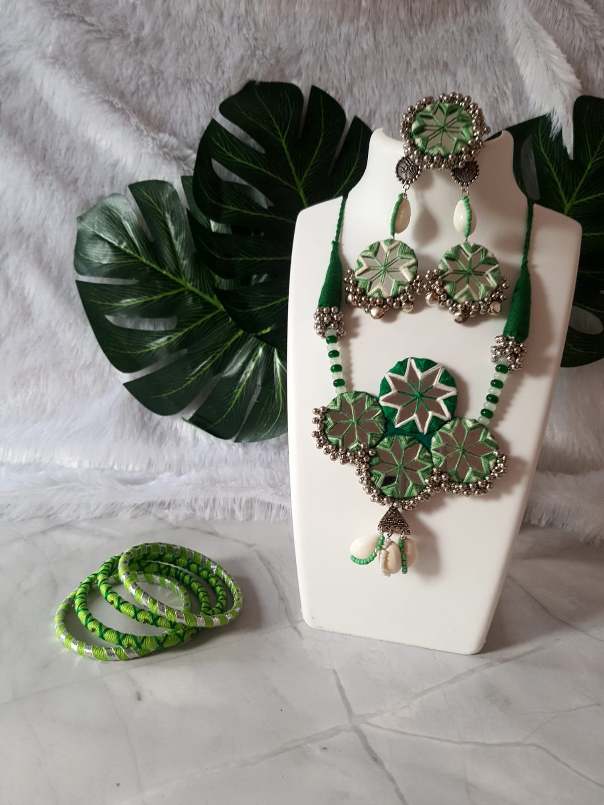 Green Handmade Mirrorwork Jewelry Set with Bangles