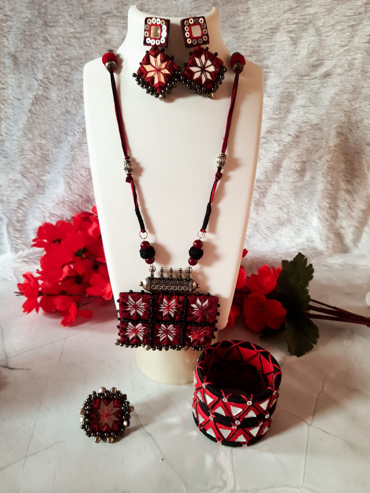 Red & Black Handmade Mirrorwork Jewelry Set with Bangles