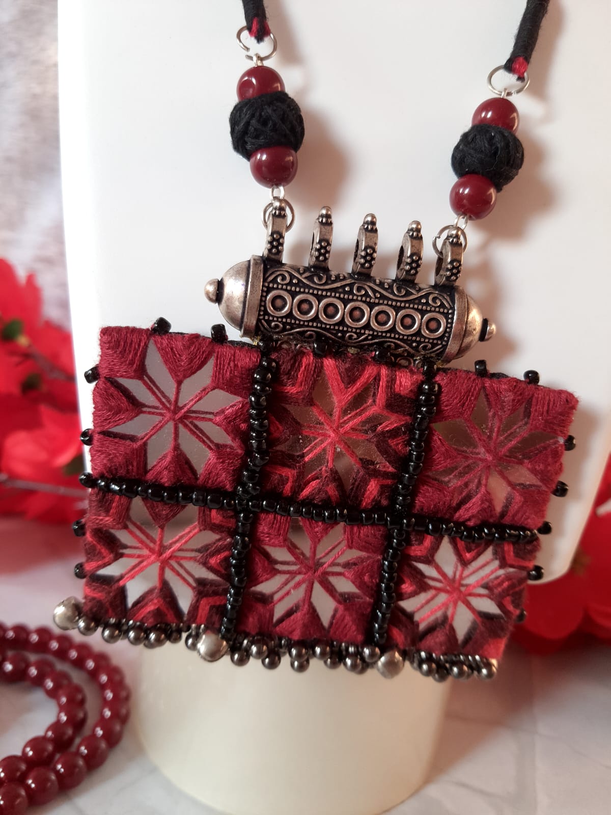 Red & Black Handmade Mirrorwork Jewelry Set with Bangles