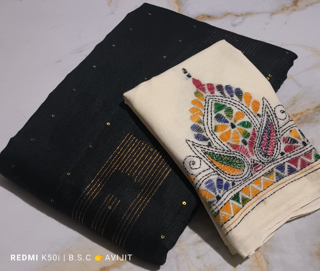 Sequin Handloom Saree With Kantha Blouse pc.