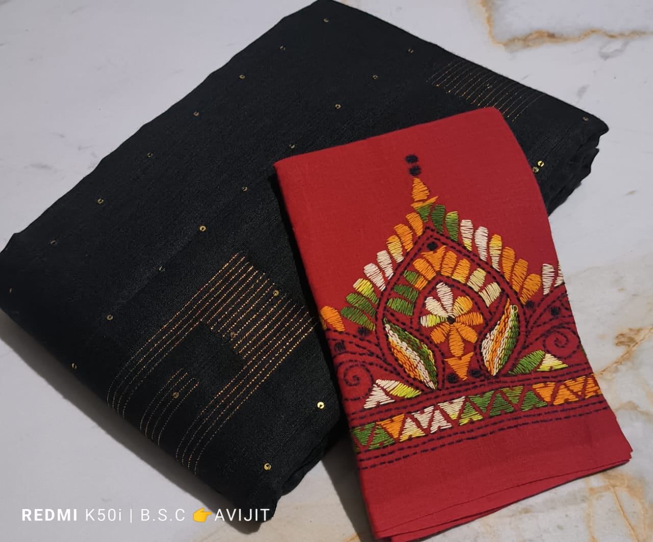 Sequin Handloom Saree With Kantha Blouse pc.