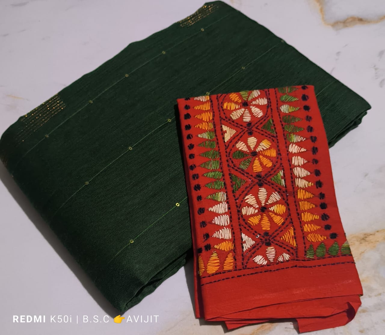 Sequin Handloom Saree With Kantha Blouse pc.