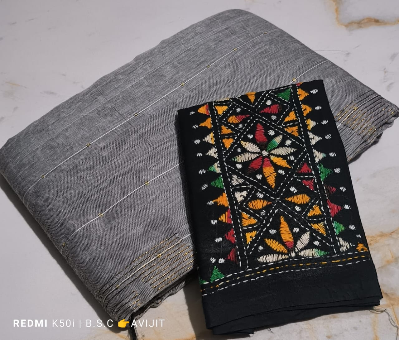 Sequin Handloom Saree With Kantha Blouse pc.