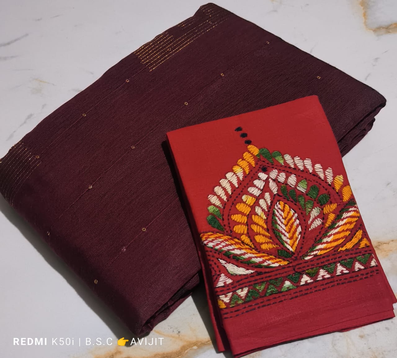 Sequin Handloom Saree With Kantha Blouse pc.