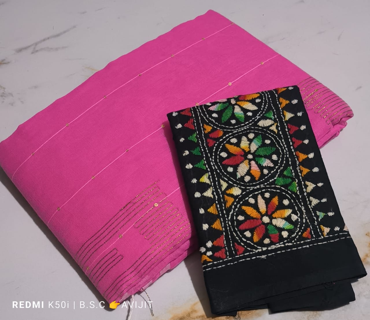 Sequin Handloom Saree With Kantha Blouse pc.