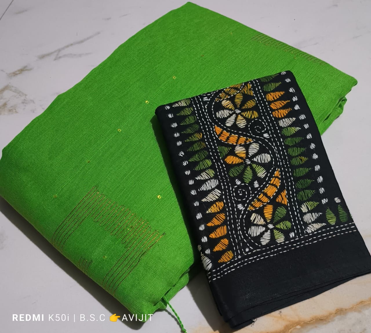 Sequin Handloom Saree With Kantha Blouse pc.