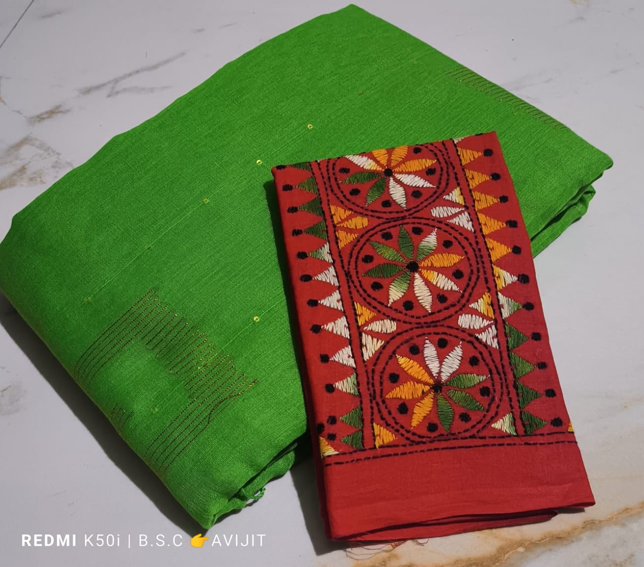 Sequin Handloom Saree With Kantha Blouse pc.
