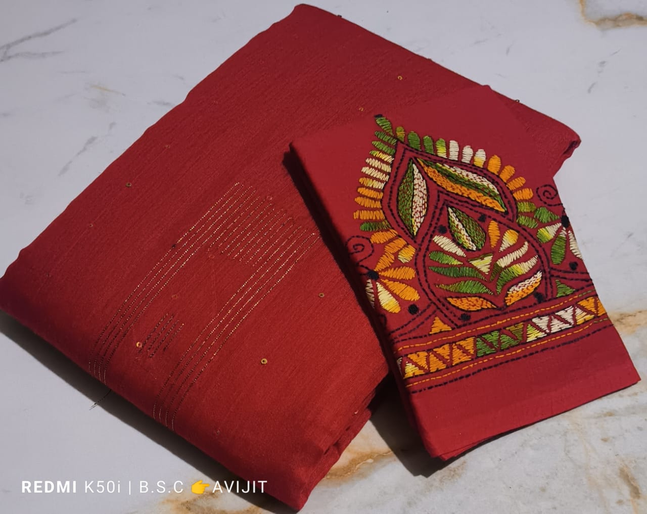 Sequin Handloom Saree With Kantha Blouse pc.