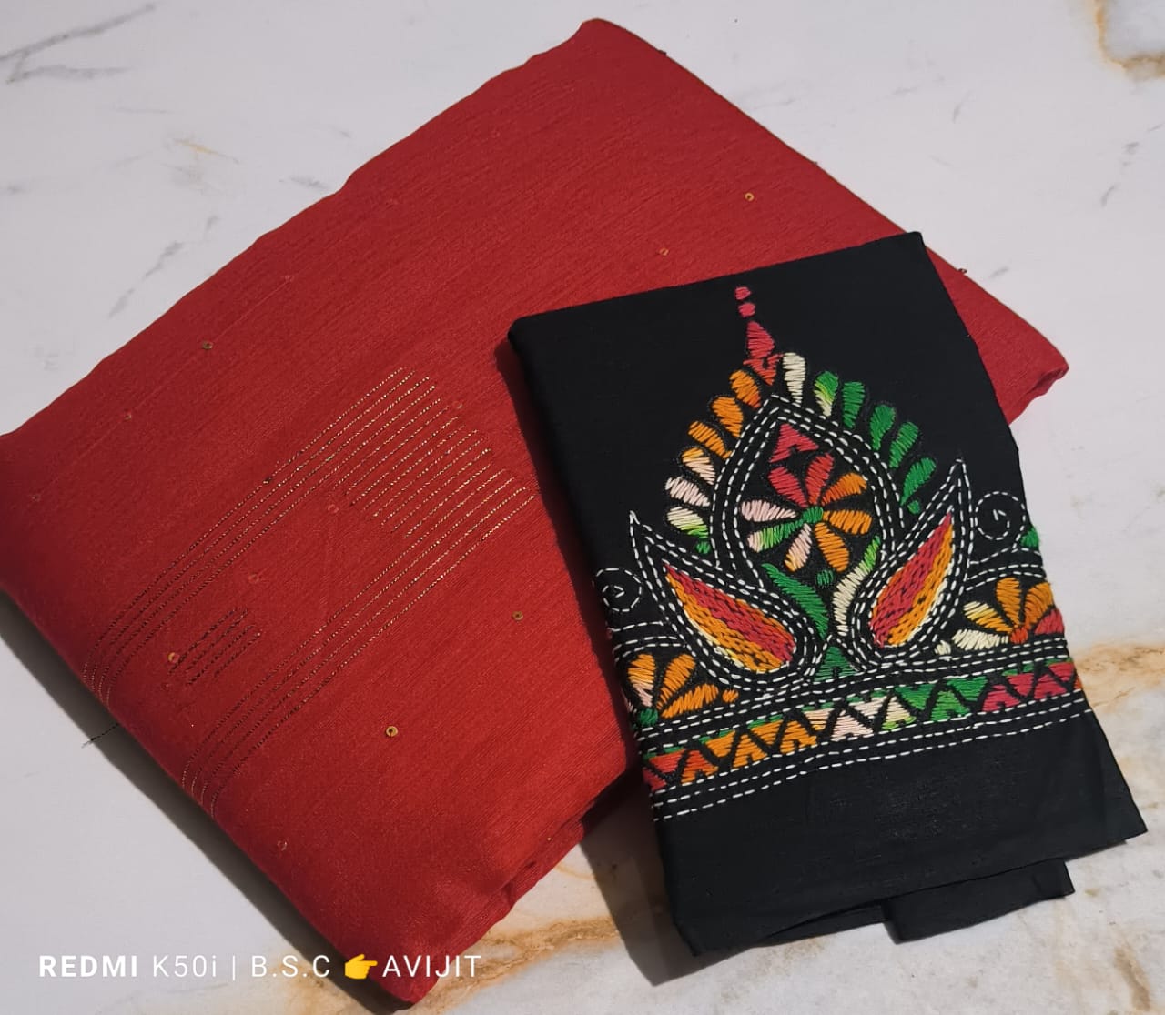 Sequin Handloom Saree With Kantha Blouse pc.