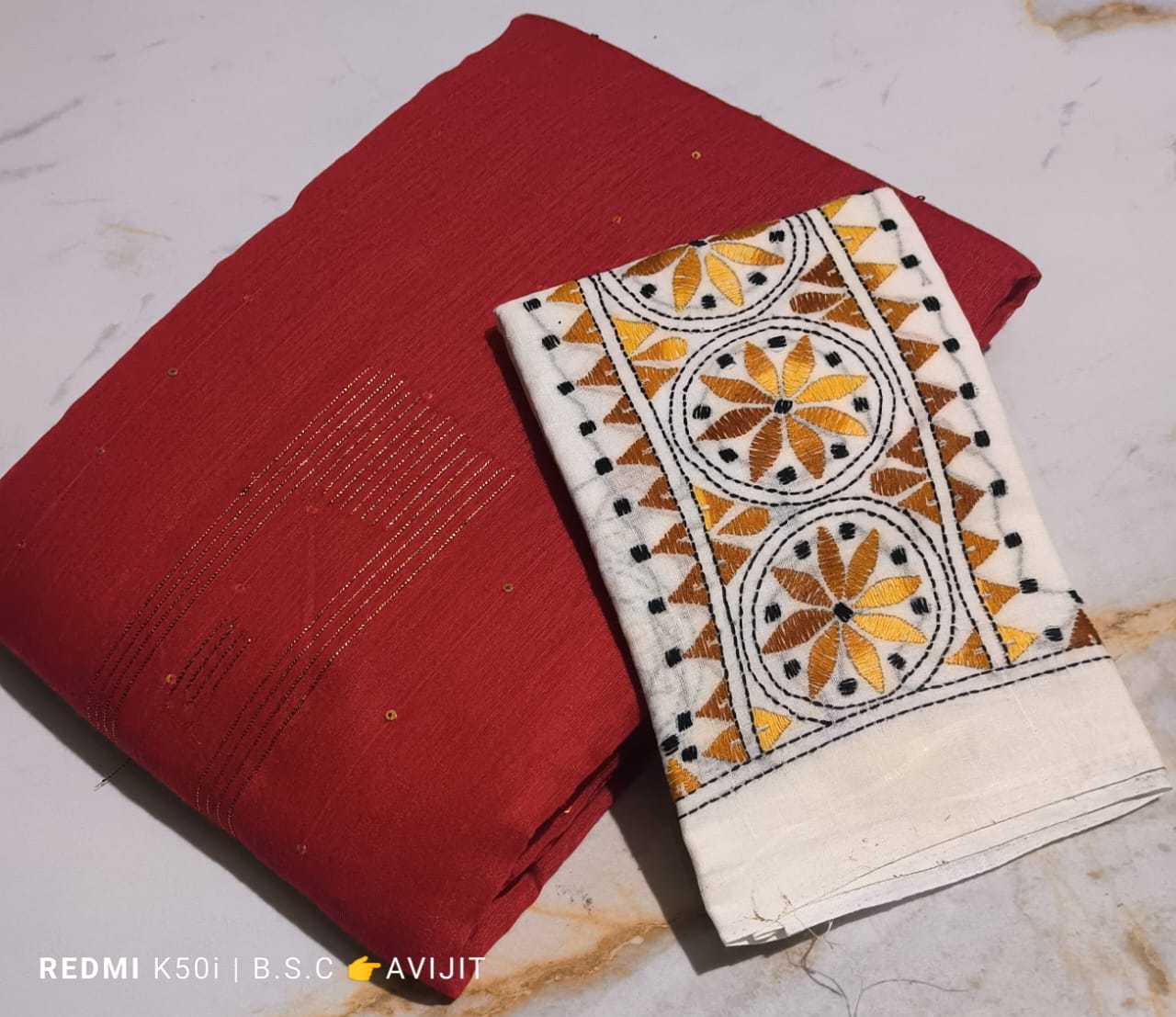 Sequin Handloom Saree With Kantha Blouse pc.
