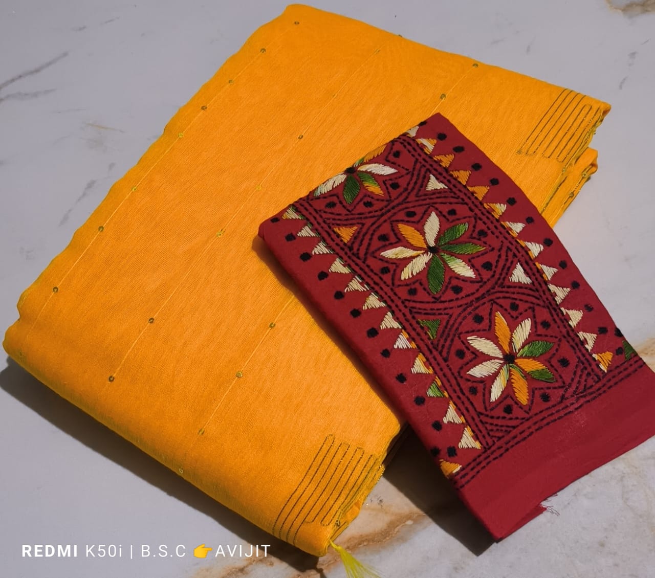 Sequin Handloom Saree With Kantha Blouse pc.