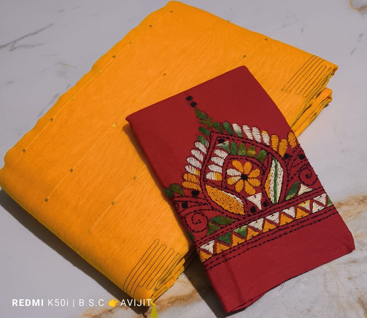 Sequin Handloom Saree With Kantha Blouse pc.