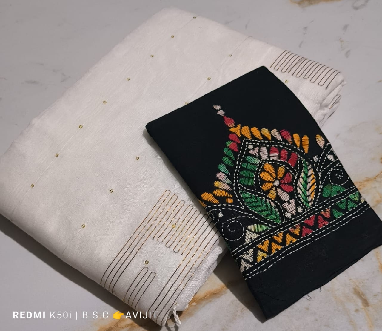 Sequin Handloom Saree With Kantha Blouse pc.