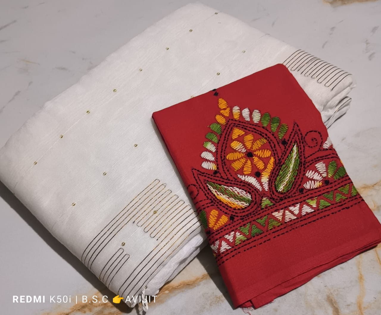 Sequin Handloom Saree With Kantha Blouse pc.
