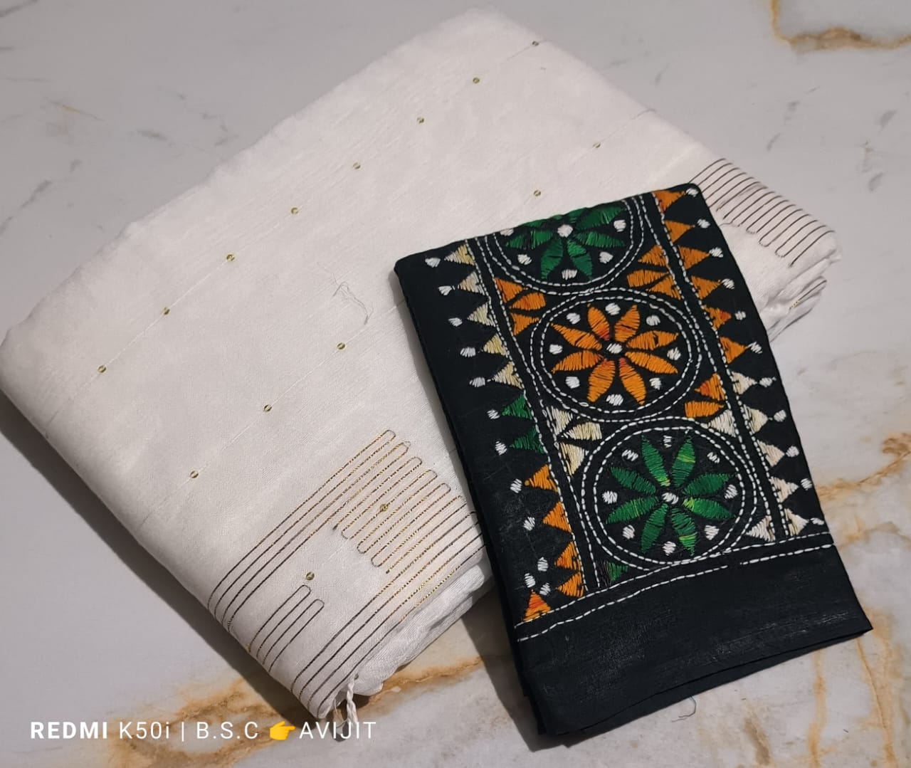 Sequin Handloom Saree With Kantha Blouse pc.