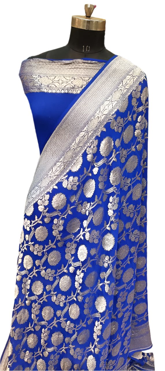 Azure blue Banarasi Khaddi Georgette Silk Saree