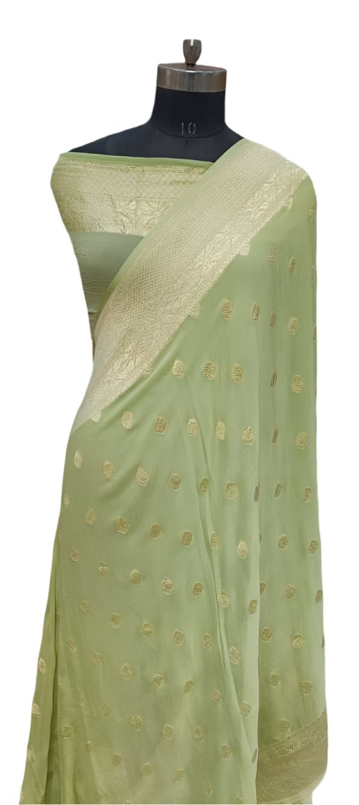 Nyanza Green Banarasi Khaddi Georgette Silk Saree