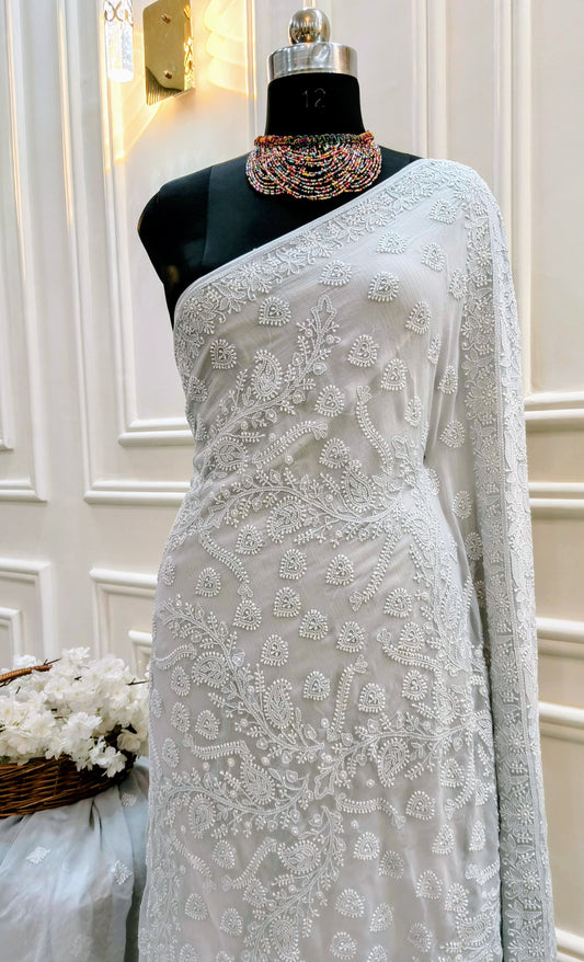 Light Gray Hand Chikankari Pure Viscose Georgette Saree