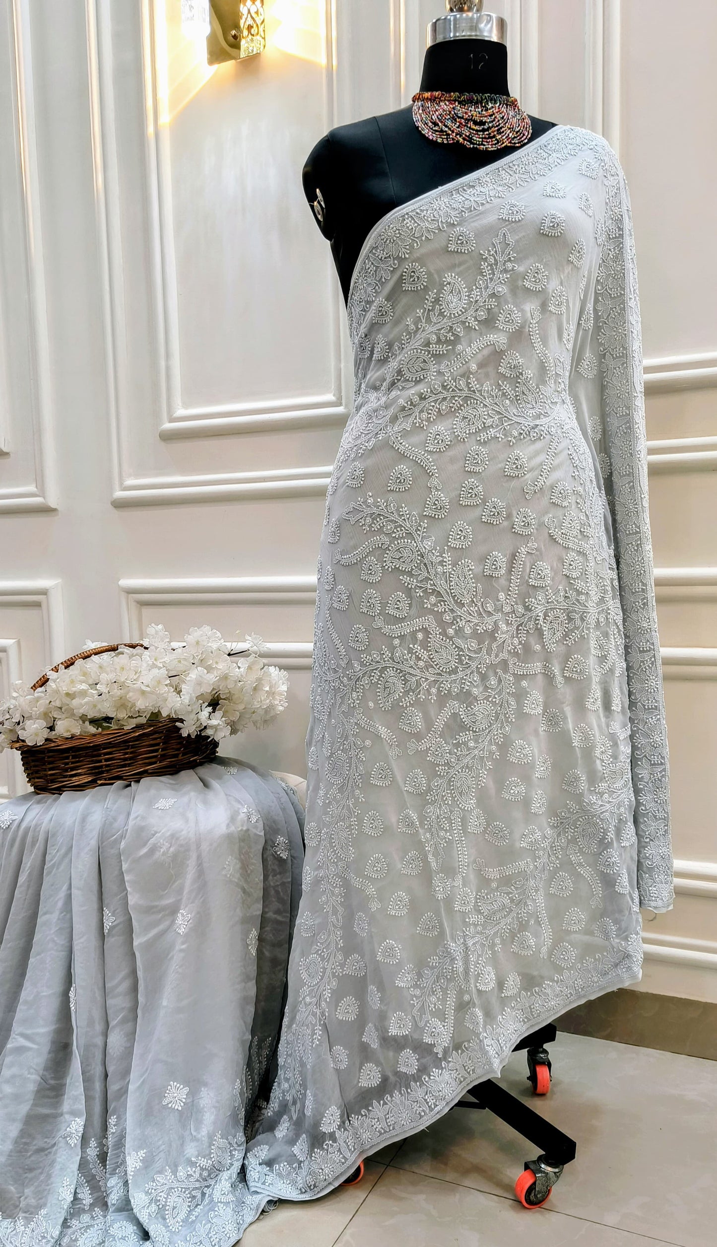 Light Gray Hand Chikankari Pure Viscose Georgette Saree