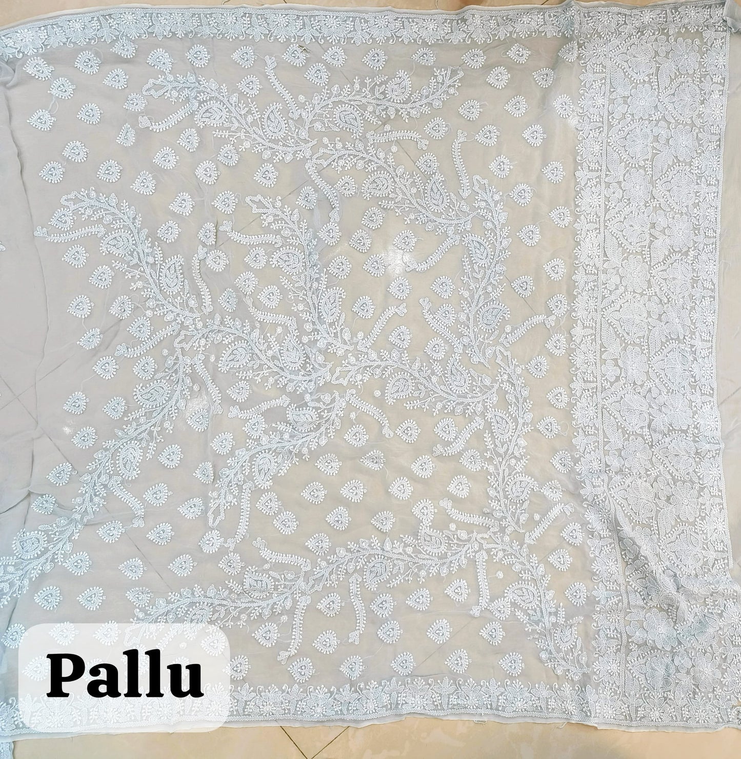 Light Gray Hand Chikankari Pure Viscose Georgette Saree