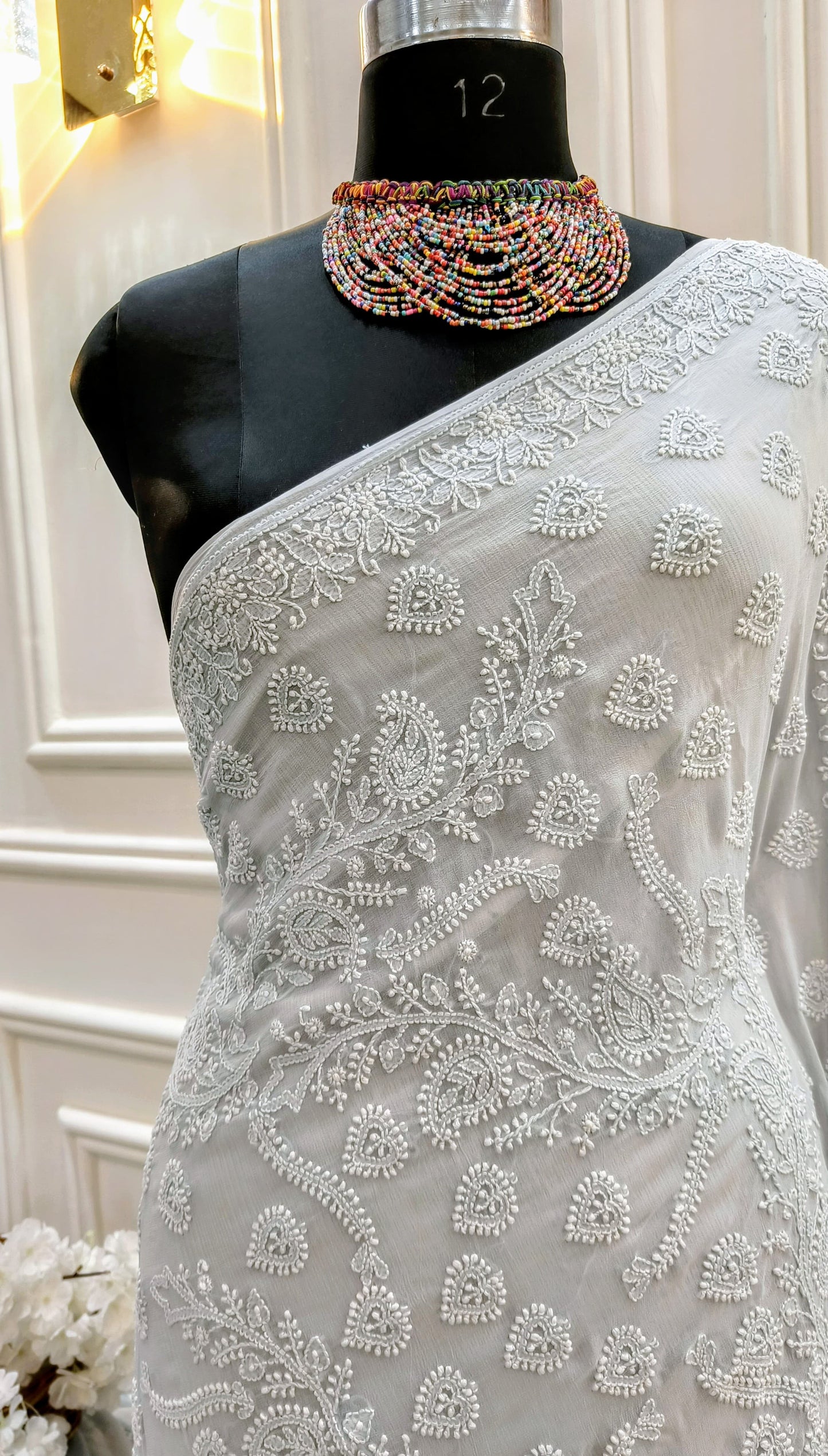 Light Gray Hand Chikankari Pure Viscose Georgette Saree