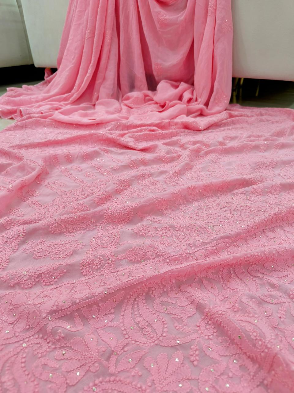 Hand Chikankari with Mukaish Work Pure Viscose Georgette Saree