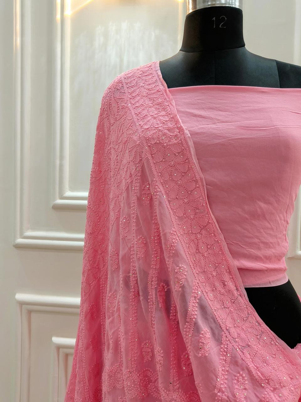 Hand Chikankari with Mukaish Work Pure Viscose Georgette Saree
