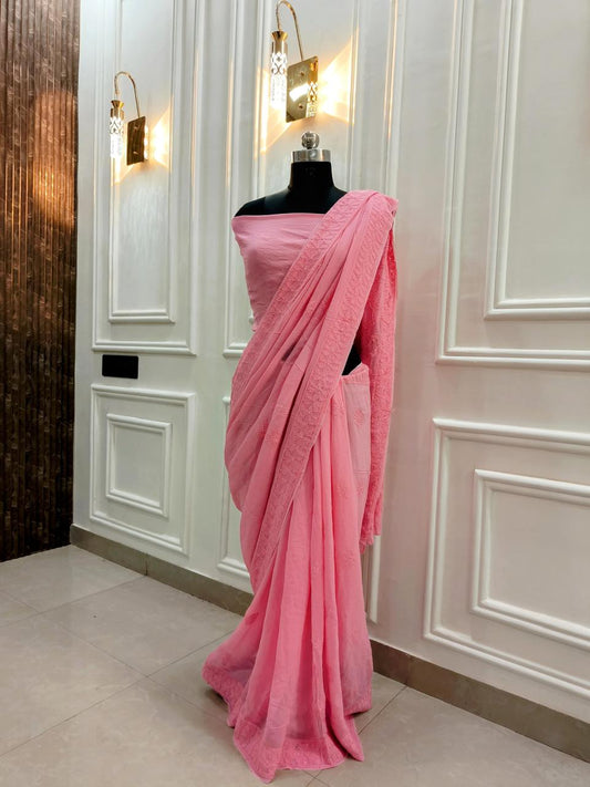 Hand Chikankari with Mukaish Work Pure Viscose Georgette Saree