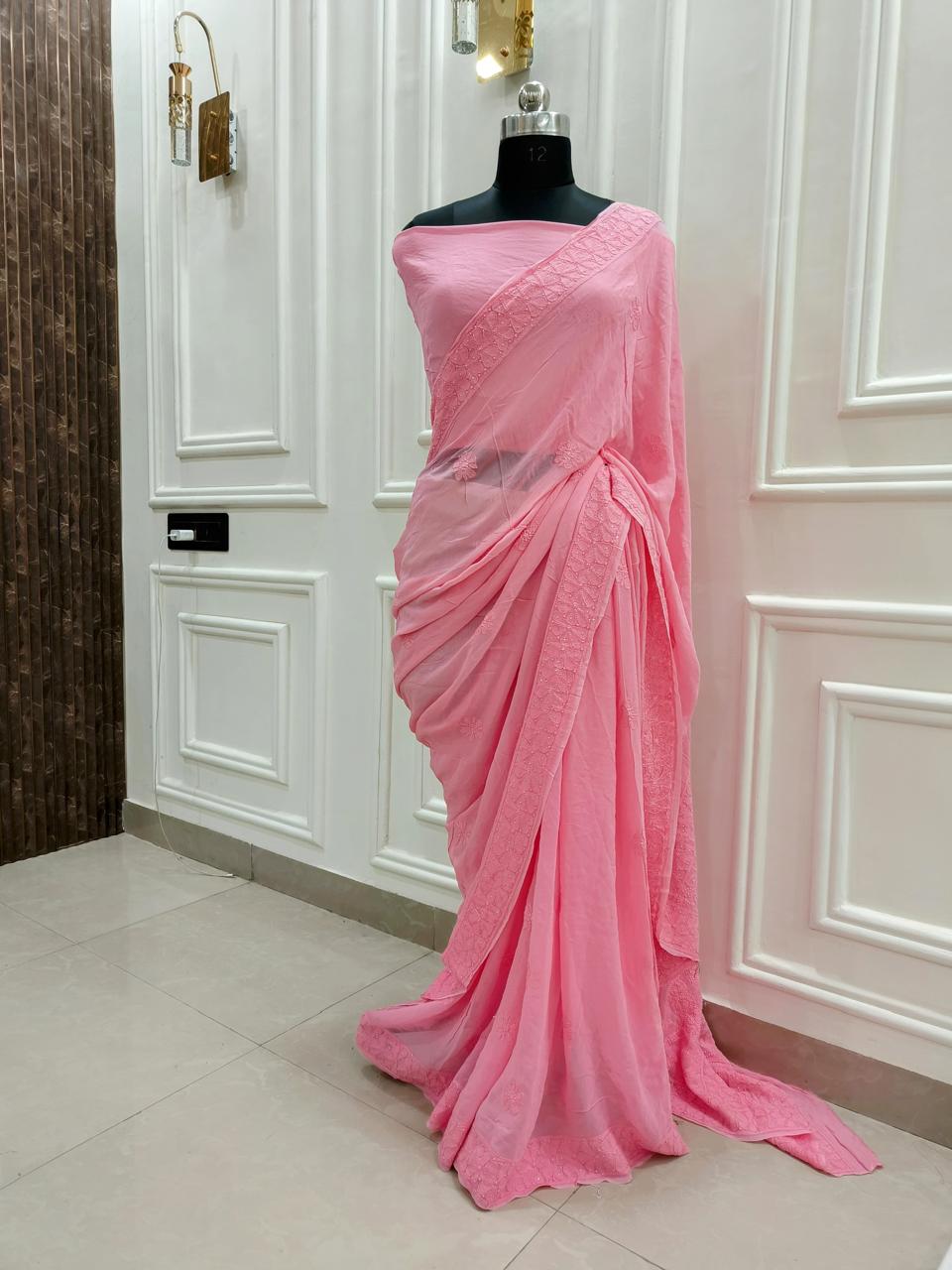 Hand Chikankari with Mukaish Work Pure Viscose Georgette Saree