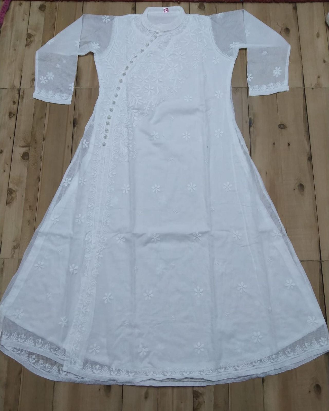 Cotton Kota Doria Chikankari Buttoned Angrakha Kurti