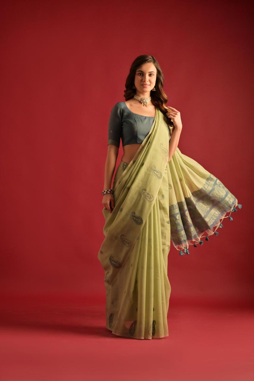 Paisley weaved Mull cotton saree