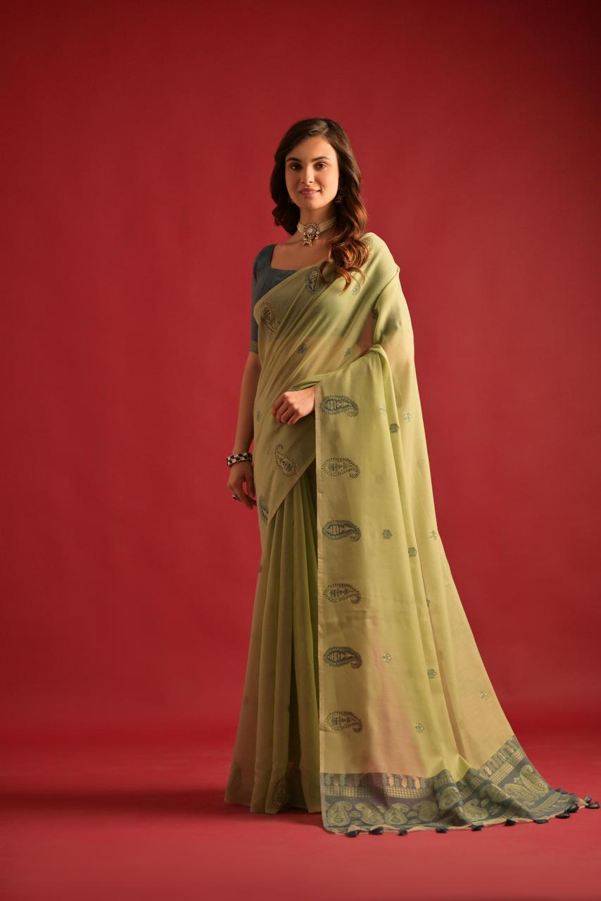 Paisley weaved Mull cotton saree