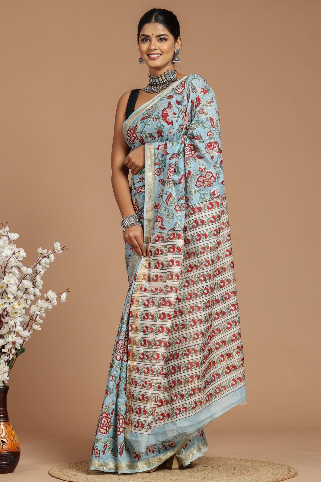 Hand Block Print Maheshwari Silk Saree