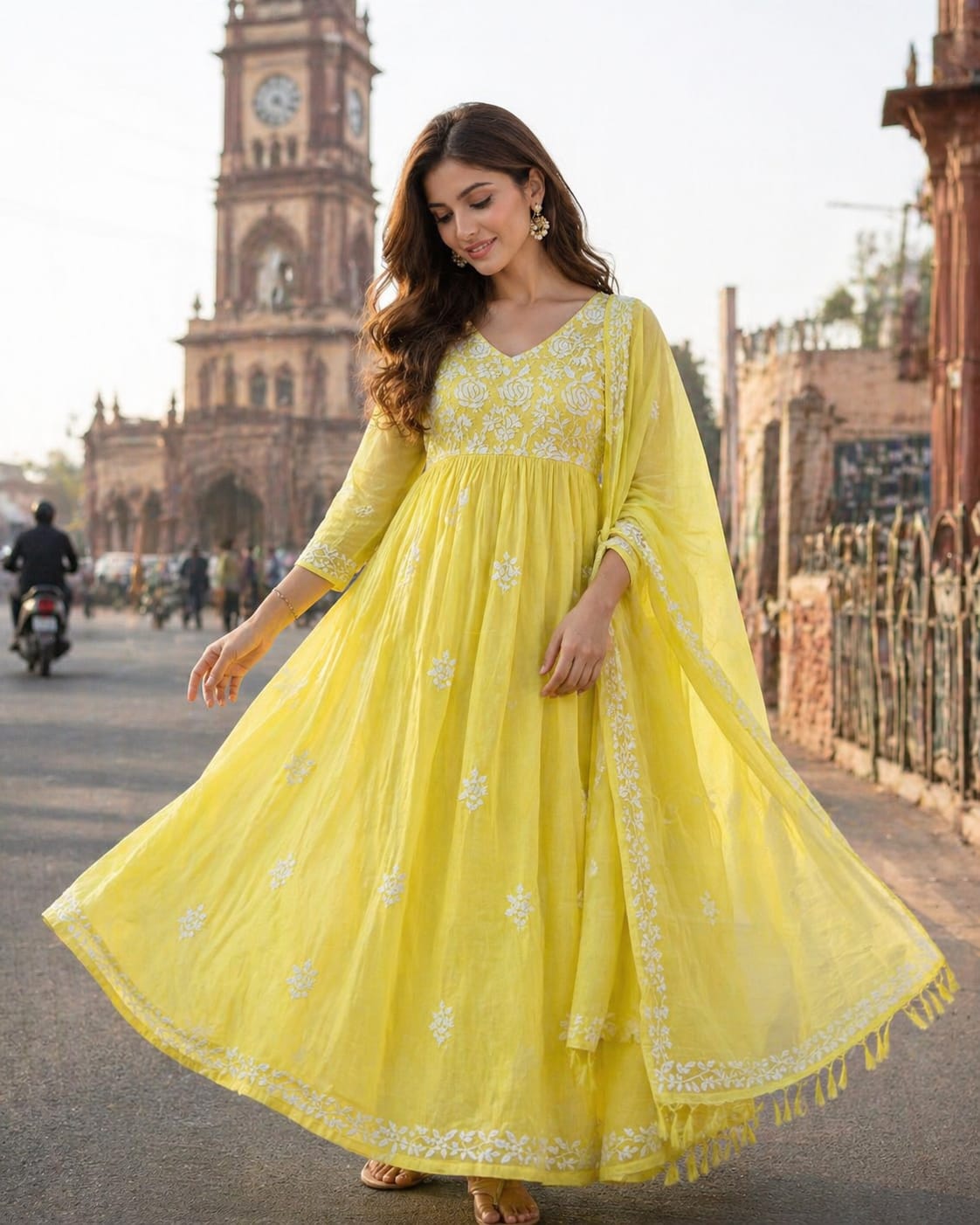 Pure MulMul Chikankari Gown with Dupatta