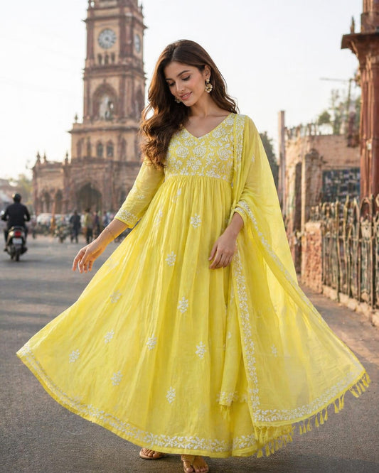Pure MulMul Chikankari Gown with Dupatta