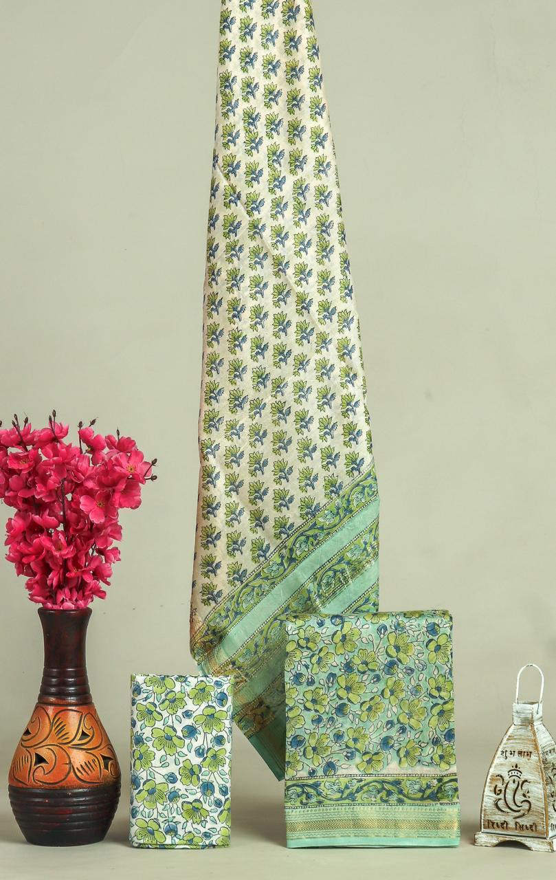 Handblock Maheshwari Zari Border Dress Material