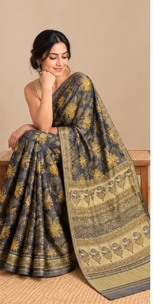 Pure Lagdi Patta Modal Gajji Silk Saree with Ajrakh & Bagru Prints
