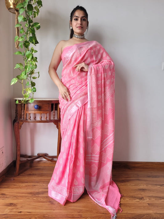 Block Printed Linen Saree
