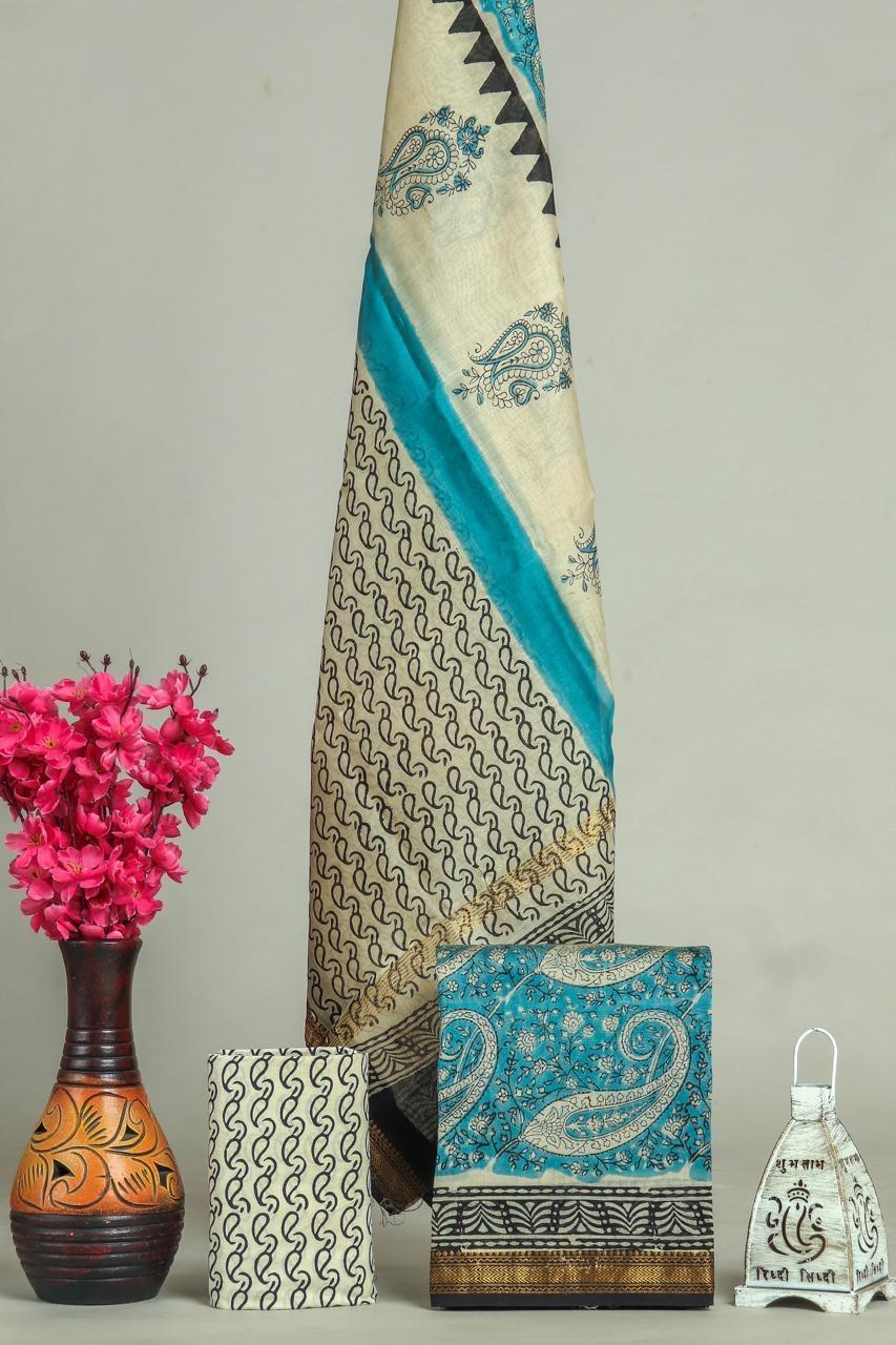 Handblock Maheshwari Zari Border Dress Material