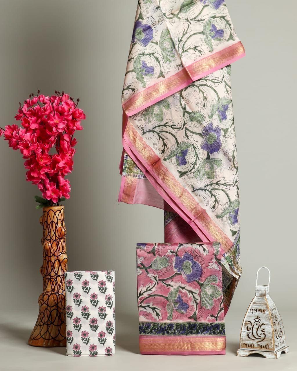 Handblock Maheshwari Zari Border Dress Material